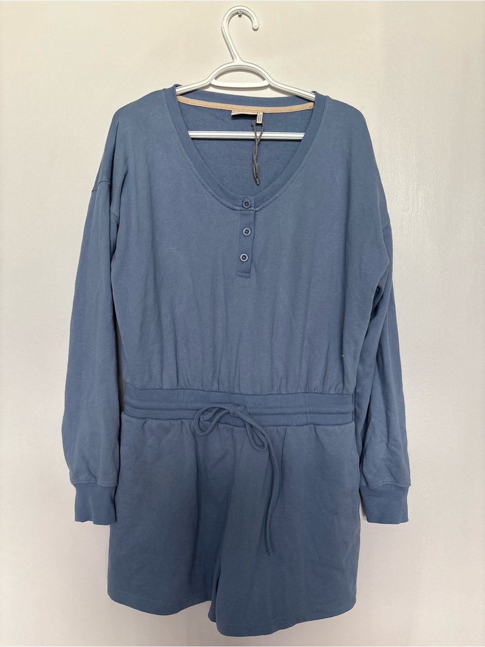 Adult Woman Everyday Sunday Long Sleeve Blue Henley Romper Pajamas